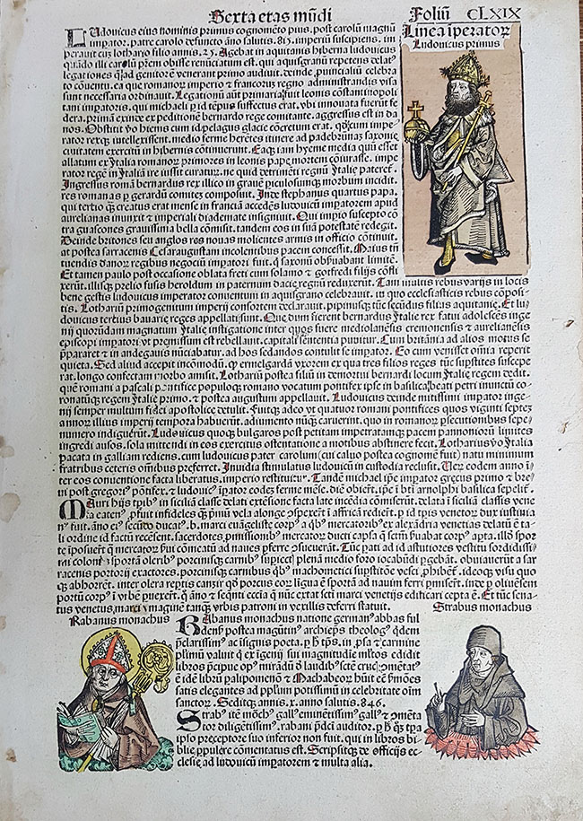 Leaf CLXIX from the 1493 Nurnberg Chronicle with Hand Colored Illustrations of Popes. (Serta Etas Mundi Folio CLXIX).